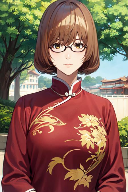 YurikoAokiR4 1girl, brown hair, brown eyes, short hair,  bangs, mole glasses