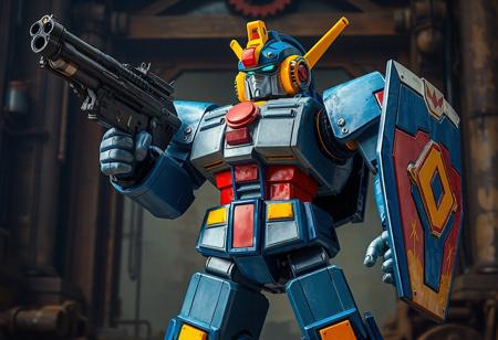 The Coach Captain Bearman robot stands proudly against an Ancient Gear Factory backdrop, exuding an aura of readiness. This blue, gray, and yellow robot, with red and gold accents, holds a large gun in its right hand and a shield in its left, symbolizing protection. The dynamic action pose, sharp lines, and vibrant colors showcase the robot's intricate details, from its super-detailed face and clothes to its handcrafted precision. This 4K image, with its captivating lighting and balanced editing, captures the robot's lifelike details and vivid emotions, making it a stunning piece of art.