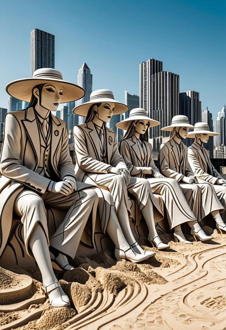A group of figures in wide-brimmed hats sit beneath a pale sun,  graffiti and urban decay, dynamic pose, precise lineart, intricate sand sculptures, close-up with high contrast 4k, elegantly dressed models, high resolution, predominantly white, mystical figure, modern city skyline