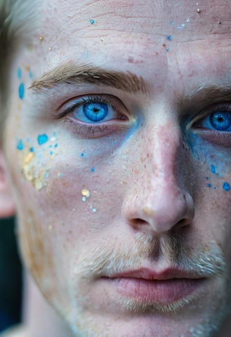 Close-up photography of a man with blue eyes and expressive gaze, splashes of silver and gold pigments on her face. Pale skin with a few freckles. Background is slightly blurred, ethereal and enchanting atmosphere.