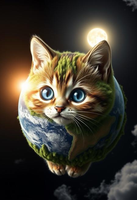 "Hyper-realistic depiction of a kitten crafted entirely from the planet Earth, with continents, oceans, and cloud formations forming its adorable features. The kitten's fur is composed of lush green forests, rolling hills, and vast deserts, while its eyes are two shimmering oceans. The nose is a tiny mountain range, and the whiskers are wispy cirrus clouds. The kitten's body is a perfect miniature replica of the Earth's geography, complete with tiny islands and sea currents. Floating mid-air next to the kitten is the sun, shining brightly and casting a warm glow on the feline's terrestrial form. The sun's rays illuminate the kitten's features, highlighting the textures and patterns of the Earth's surface. Style: extremely detailed, hyper-realistic, and photorealistic, with a focus on capturing the intricate textures and patterns of the Earth's surface and the kitten's adorable expression."