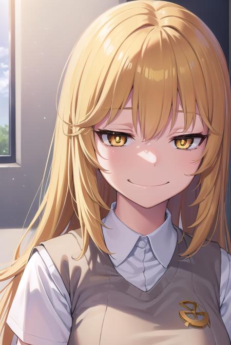 misakishokuhou, <lora:misakishokuhou-lora-nochekaiser:1>, 
misaki shokuhou, blonde hair, hair between eyes, long hair, (symbol-shaped pupils:1.5), (yellow eyes:1.5), (medium breasts:1.2), <lora:smirkingeye_v100:1>, <lora:smirkingmouth_v100:1>, smile,
BREAK elbow gloves, gloves, school uniform, short sleeves, summer uniform, sweater vest, tokiwadai school uniform, white gloves, (light brown sweater vest:1.2),
BREAK looking at viewer, upper body,
BREAK indoors, classroom,
BREAK <lora:GoodHands-vanilla:1>, (masterpiece:1.2), best quality, high resolution, unity 8k wallpaper, (illustration:0.8), (beautiful detailed eyes:1.6), extremely detailed face, perfect lighting, extremely detailed CG, (perfect hands, perfect anatomy),