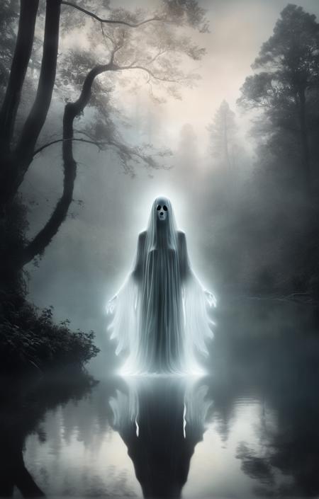 ghost person A photorealistic digital art piece with analog film grain, portraying a ghostly apparition rising from a still lake surrounded by dark, dense forest, captured in a foggy, pre-dawn light, in the style of contemporary surrealism, expressing a hauntingly beautiful yet chilling aesthetic.