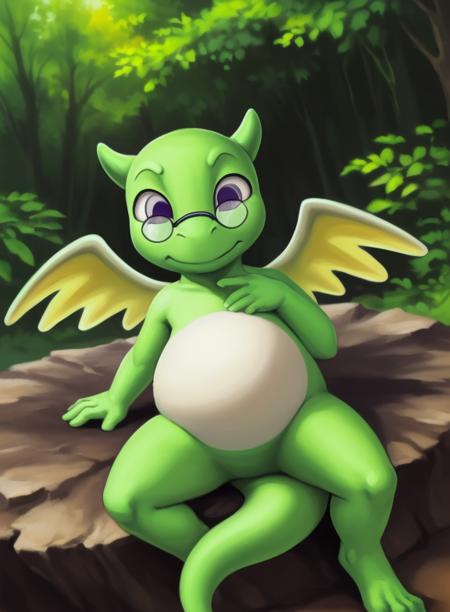  SmartDraDraVil, dragon, green skin,  white belly, pale blue eyes, glasses, green little horns, chibi, (small body,) wings, thin, slender,