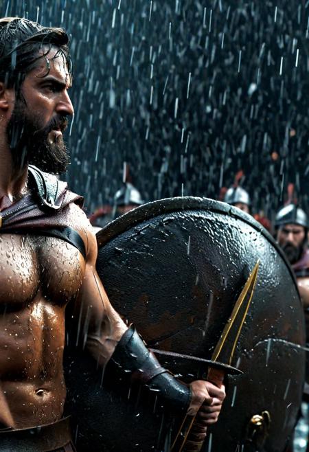 (((cinematic film photo, extremely details, photo of Mind blowing depth and foreground clarity))) stunning, high quality, photorealistic, photo very large view of Leonidas and his 300 Spartans, muscles, row, shield, pouring rain, ((dramatic lighting, detailed atmosphere), dark, moody), intricate details), volumetric lighting, high resolution, 8k, best quality, hyper detailed, ultra detailed, ultra high definition, 8k, super sharp focus, golden ratio, great detail of textures ((masterpiece))