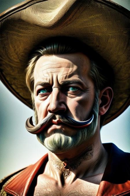 absurdres, hdr, stylised ,Don Quixote, cowboy shot,  perfect eyes, stern face, white air, long moustache, The Imperial beard , red intricate fullplate, dynamic pose,  holding intricate rapier,
DonM3lv3s