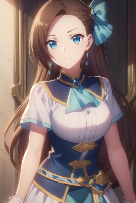 catarinaclaes, <lora:catarina claes s2-lora-nochekaiser:1>,
catarina claes, long hair, bangs, brown hair, blue eyes, asymmetrical bangs, smile,
BREAK hair ornament, gloves, dress, bow, jewelry, jacket, short sleeves, hair bow, earrings, white gloves, bracelet, ascot, blue dress, blue bow, brooch, high collar, long dress, blue ascot,
BREAK indoors,
BREAK looking at viewer, (cowboy shot:1.5),
BREAK <lyco:GoodHands-beta2:1>, (masterpiece:1.2), best quality, high resolution, unity 8k wallpaper, (illustration:0.8), (beautiful detailed eyes:1.6), extremely detailed face, perfect lighting, extremely detailed CG, (perfect hands, perfect anatomy),