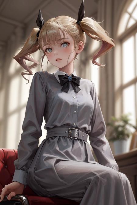 masterpiece, best quality, highres, 1girl twintails hair ribbon, grey dress <lora:kikoru_shinomiya:1> sitting on chair