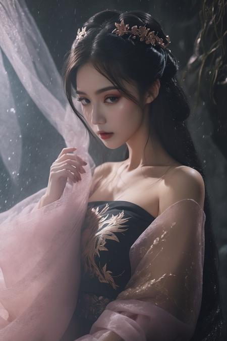 UHD, 8K, ultra detailed, a cinematic photograph of Dark Fantasy Art, a girl with Tulle skirt,making eye contact, dark, moody, dark fantasy style, beautiful lighting, great composition