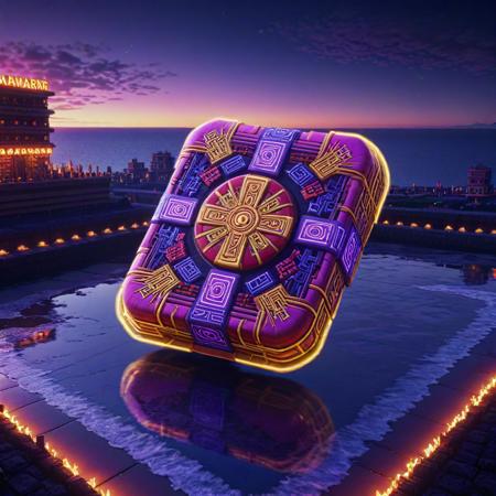anime key visual, intricate background, Portrait of a Dullcore Abstract Aztec (crackers:1.3) , it is in a Final Fantasy setting, it is with Creative embroidery, plain Mecha-background, desolate city and beach, at Blue hour, Panorama, Amusing, Minecraft, Reflected light, F/14, Amaranth and deep red neon hue, Mauve background, rpg concept art, award winning, octane engine