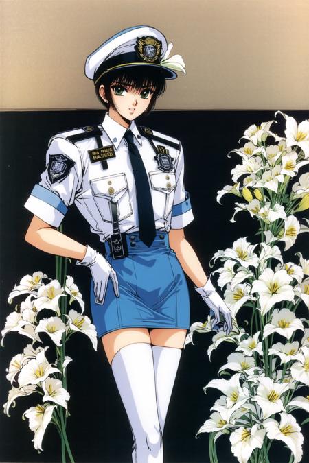 Hokuto Sumeragi, solo, 1girl, flower, thighhighs, uniform, hat, police uniform, gloves, short hair, black hair, police, pillarboxed, 1990s (style), retro artstyle, zettai ryouiki, armband, white thighhighs, lily (flower), skirt, policewoman, white gloves, pencil skirt, <lora:Tokyo Babylon:0.8>,