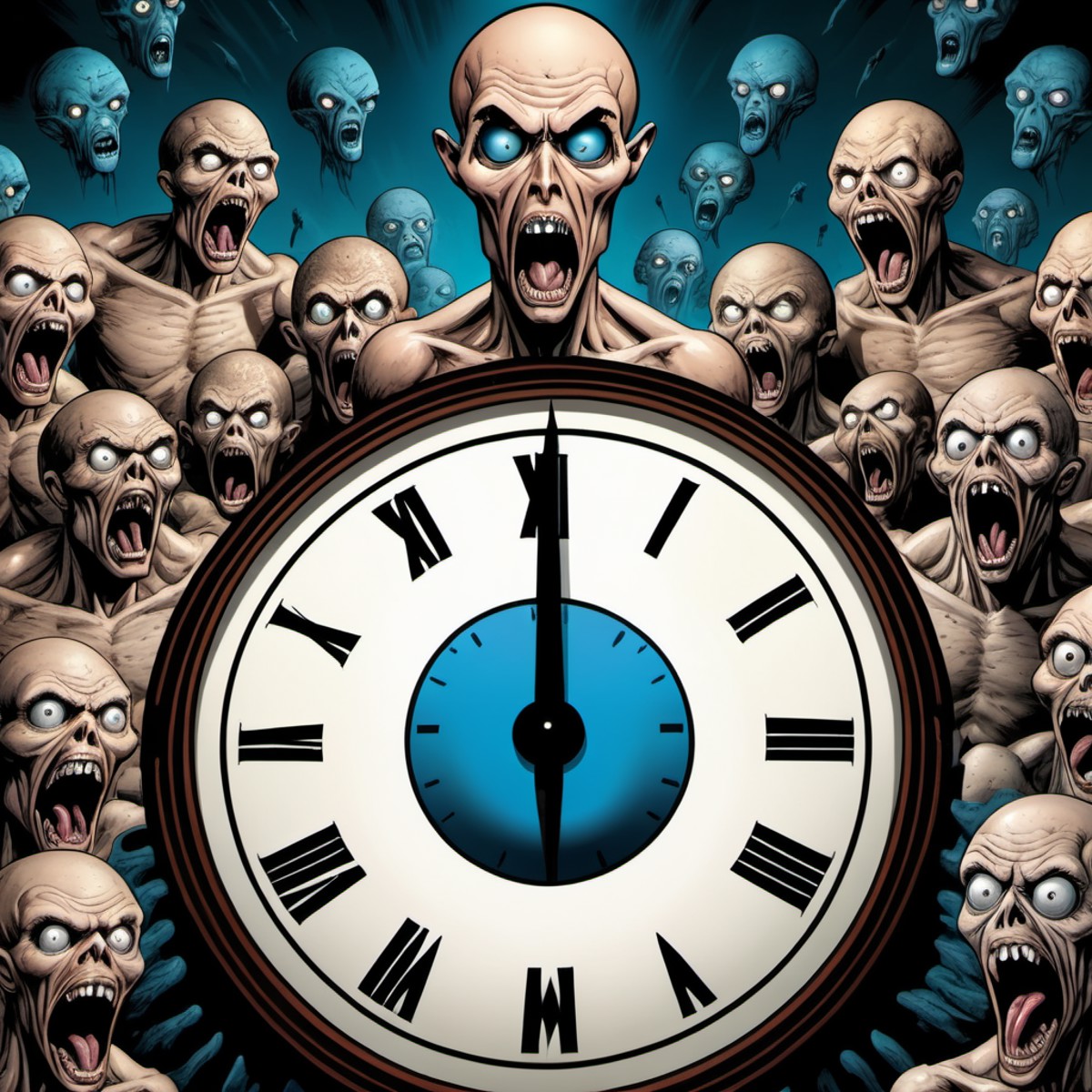 doomsday clock, hyper-detailed satiric graphic illustration, scared aliens screaming