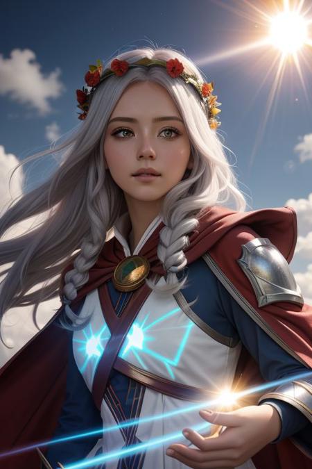 digital painting, far shot, art by greg rutkowski, beautiful girl, silver eyes, medium blowout bluw pastel hair, (League of Legends theme:1.1), eyes blazing with the power of the sun, (solar-wizard), bringer of the light, bright colors, wearing tattered white mage robes, billowing red cloak, greenery hair wreath, gazing into the sun, dynamic pose, magical solar markings, (supernova in background), symphony of light, light clouds, ethereal atmosphere, overallDetail, using magical attack on monster