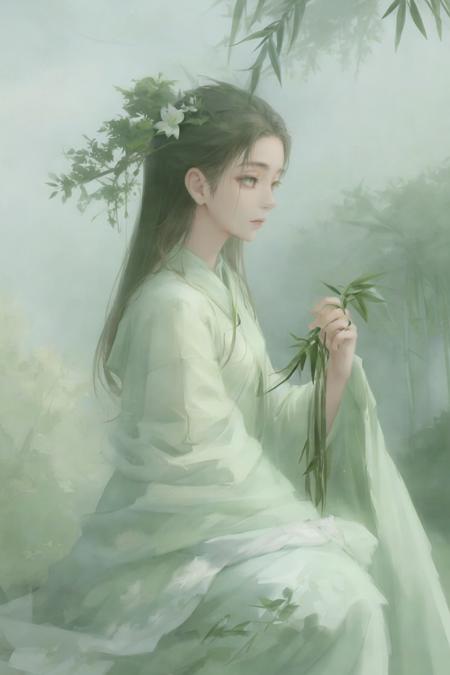 1girl,green chinese cloth, beauty,  (trees:0.5), (flowers:0.6) ,(birds:0.2), (bamboo0.1), lakes, look looking at viewer,