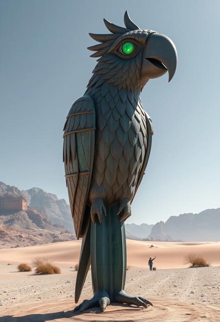 a statue of giant parrot whose eyes are made of emerald is in center of desert,