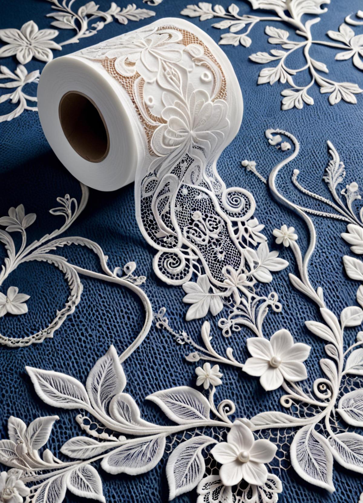 White Toilet Paper Roll with Lace Design on Blue Background