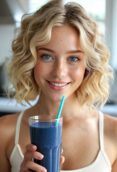 Drinking smoothie, wide-angle view, ((full-figure visible:2.0)), entire body in frame, kitchen overview, ((spacious composition:1.5)), head to toe in shot, standing in kitchen, kitchen advertisement, full body, lips touching glass, glass in front of mouth, (open mouth:1.2), DRINKING, (SMOOTHIE:2.0), drinking smoothie, (BLUE SMOOTHIE:1.5), smoothie in glass, perfect fruits, perfect glass, perfect fingers,  gym clothing, sports clothes, white top, white sporttop, athletic clothing, happy, smiling, laughing, beautiful girl, short light blonde wavy hair, above shoulder length blond curly hair, bob cut, blue eyes, blue eyes:1.1, perfect eyes, extremely detailed eyes, extremely detailed face, textured skin, photorealistic, hyperdetailed:1.2, insane details, natural look, cute face, stunningly beautiful, pale skin, freckles, blush, detailed skin, extremely detailed, 1girl, shoulders, arms, breasts, hips, hands, perfect hands, perfect feet, perfect eyes, perfect nails, upper legs, legs, happy, open mouth, perfect teeth, in the kitchen, marble kitchen block, modern kitchen, 4K, RAW, best quality, masterpiece, ultra-detailed, hyperrealism:1.2, RAW photo, best quality, realistic, photo-realistic:1.3, best quality, masterpiece, extremely delicate and beautiful, extremely detailed natural lighting, bokeh:1.2, Porta 160 color, shot on ARRI ALEXA 65, Fujifilm XT-3, WARMER LIGHTING, sunny kitchen, warm sunlight, sun rays, inviting atmosphere