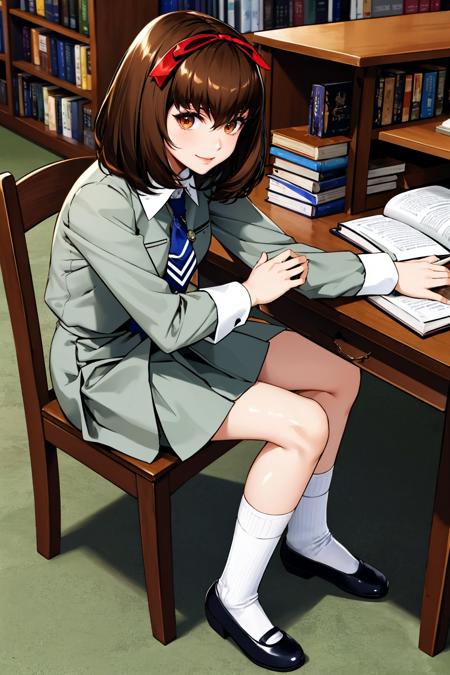 masterpiece, best quality, sonomura maki, hair ribbon, pendant, necktie, school uniform, skirt, socks, mary janes, sitting, looking at viewer, smile, desk, chair, library  <lora:maki-nvwls-v1-000010:0.9>