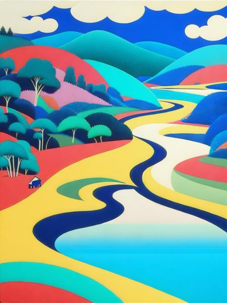 <lora:HiroshiNagai:1>a painting of a colorful landscape with a stream running through the middle of it by Hiroshi Nagai