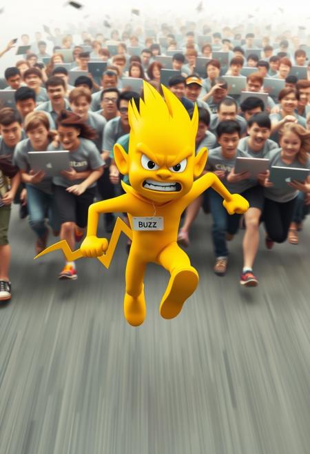 "Golden yellow thunderbolt, its body shaped like a stylized lightning bolt, sprints away from a frenzied mob of people. The thunderbolt, wearing a name tag that reads "Buzz", runs with a determined expression, its legs and arms blurred as it gains speed. Behind, a horde of pursuers, clad in "Civitan" shirts and carrying open laptops, gives chase, their faces set in a fierce determination to catch the elusive thunderbolt. The scene is one of dynamic energy, with the thunderbolt's bright yellow color standing out against the chaotic, muted tones of the pursuers. Style: fast-paced, action-packed, and humorous, with a focus on capturing the excitement and tension of the chase."