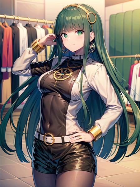 masterpiece, best quality, anime illustration, ultra detailed, houtengeki, (hand on hip, hand in own hair:1.3), 
cleomain, jacket, long sleeves, short shorts, brown pantyhose, 1girl, long hair, blunt bangs, green eyes, very long hair, green hair, hairband, jewelry, hoop earrings, medium breasts, , shopping center, market, clothing store, finely detailed background, amazing background