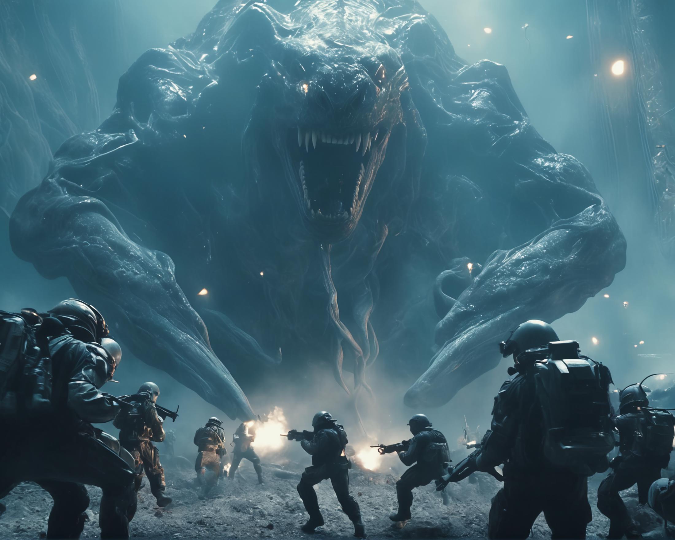 A group of soldiers fighting a giant monster with sharp teeth.