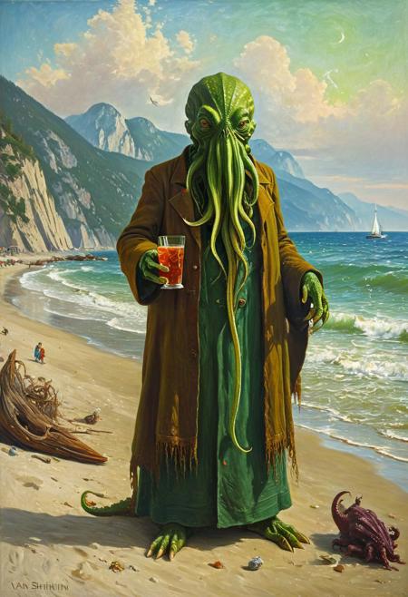 a Cthulhu in clothes on the beach of Yalta USSR holding cocktail, heat, catamarans, long-range plan, oil on canvas, by Ivan Shishkin, <lora:ClassipeintXL1.9:0.2>, ,best quality, high resolution, extreme detail, outstanding composition, masterpiece,