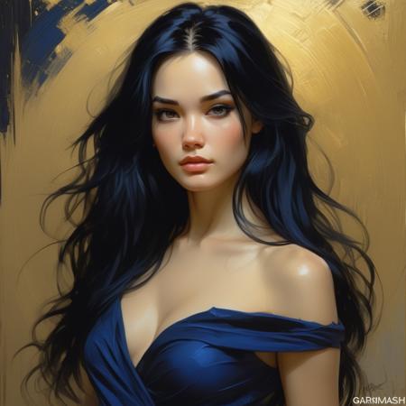 a woman with long black hair in a gold painting, in the style of charlie bowater, dark blue and dark black, michael garmash, comic art, realistic color palette, dark black and beige, soft-focused realism --ar 24:37 --stylize 750 --v 6