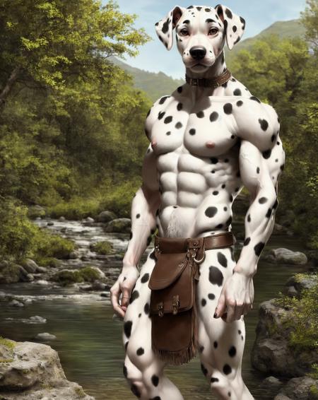 anthro (dalmatian), (detailed fluffy fur, detailed fur texture:1.2), adult, male, solo, athletic, veiny muscles, loincloth, leather satchel, hand behind back, tail, detailed background, wilderness background, photorealistic, hyper realistic, ultra detailed,