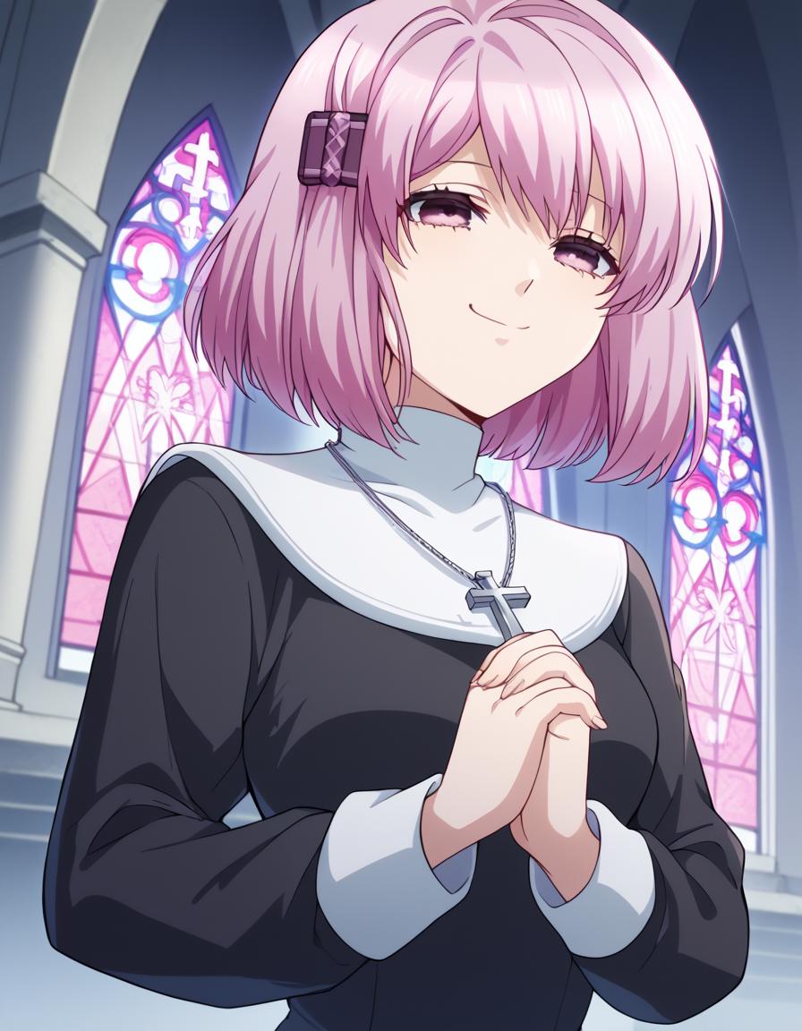 score_9, score_8_up, score_7_up, source_anime, <lora:norn-koharu-s1-ponyxl-lora-nochekaiser:1>, koharu, short hair, hair ornament, pink hair, pink eyes, medium breasts,, <lora:traditional-nun-ponyxl-lora-nochekaiser:1>, traditional nun, nun, habit, long sleeves, dress, black dress, jewelry, black veil, cross, cross necklace,, church, smug, praying,, , dutch angle, cowboy shot