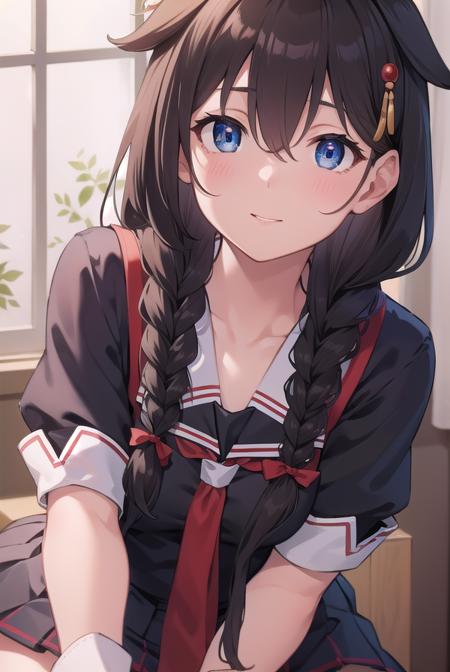 shigure, <lora:shigure-lora-nochekaiser:1>, 
shigure, ahoge, brown hair, blue eyes, braid, hair ornament, hair over shoulder, long hair, single braid, hair flaps,
BREAK black gloves, black serafuku, black shirt, black skirt, fingerless gloves, gloves, neckerchief, pleated skirt, red neckerchief, sailor collar, school uniform, serafuku, shirt, skirt, white sailor collar,
BREAK looking at viewer, 
BREAK indoors, classroom,
BREAK <lyco:GoodHands-beta2:1>, (masterpiece:1.2), best quality, high resolution, unity 8k wallpaper, (illustration:0.8), (beautiful detailed eyes:1.6), extremely detailed face, perfect lighting, extremely detailed CG, (perfect hands, perfect anatomy),