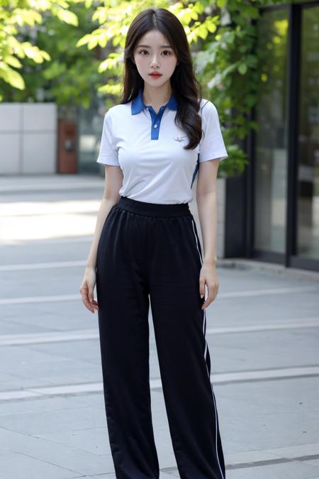 masterpiece,best quality,extremely detailed 8K wallpaper,1girl,xiaofu,collared shirt,short sleeves,long hair,looking at viewer,standing,outdoors,large breasts,black pants,pants,