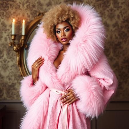 photograph of enormous full-length pink (lace boudoir Robe:1.2) with a high thick (fur collar:1.3) and matching (huge fur collar:1.2), worn by a beautiful exotic woman, big light afro hair, (thick eyeliner, strong beauty makeup:1.5), fantastically oversized fur fashion, gigantic fur cuffs