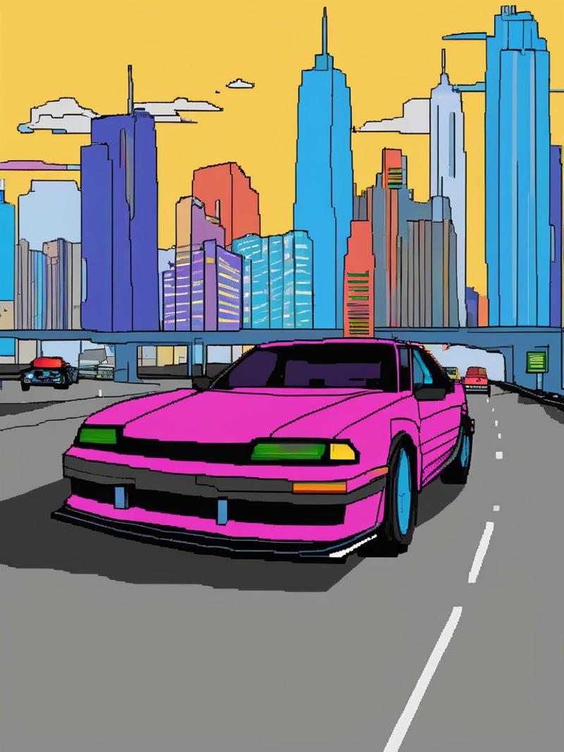 A pink car with green accents driving on a city street.