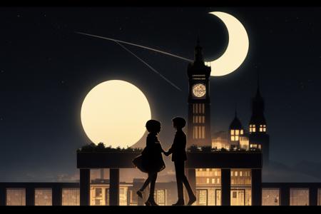 <lora:style shadow-000004:1>,silhouette, clock, moon, holding hands, tower, night, 1boy, star (sky), sky, clock tower, starry sky, star (symbol), full moon, gears, night sky, 1girl, roman numeral, short hair,chibi,