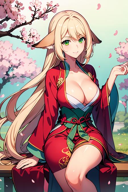 (white hair:1),face lighting,bright backlight,medium breasts,super high resolution,best quality,Photos,4k,(Realistic:1.2),huyao,1 girl,(fox ear:0.8),(green eye:1.2),long hair,blonde hair,red hanfu,cute,cosplay,light makeup,(sit on the ground:1.2),slender waist,cherry blossom-filled shrine,serene expression,surrounded by floating maple leaves,
<lora:huyao_10:0.9>,