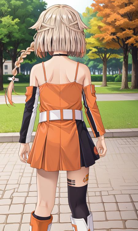 ONE_CeVIO,blue eyes,blonde hair,single braid,hair flaps,emblem choker, bare shoulders,single detached sleeves,orange shirt,spaghetti strap,arm tattoo,leg tattoo,zipper,belt,black skirt,uneven legwear,single kneehigh,single thighhigh,cross-laced footwear