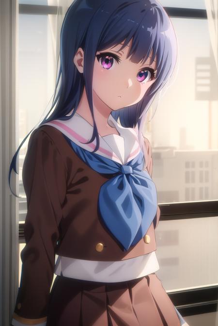 mizoreyorizuka, <lora:mizore yoroizuka s2-lora-nochekaiser:1>,
mizore yorizuka, yoroizuka mizore, long hair, bangs, blue hair, (pink eyes:1.3),
BREAK skirt, shirt, long sleeves, school uniform, pleated skirt, serafuku, neckerchief, (brown skirt:1.2), white sailor collar, (brown shirt:1.2), kitauji high school uniform, (blue neckerchief:1.5),
BREAK indoors, classroom,
BREAK looking at viewer, (cowboy shot:1.5),
BREAK <lyco:GoodHands-beta2:1>, (masterpiece:1.2), best quality, high resolution, unity 8k wallpaper, (illustration:0.8), (beautiful detailed eyes:1.6), extremely detailed face, perfect lighting, extremely detailed CG, (perfect hands, perfect anatomy),