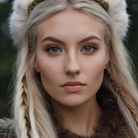 Portrait photo of a viking princess, Nikon Z9, realistic matte skin, skin texture visible, (sharp focus), (high quality), looking straight at the camera, symmetric, facing forward