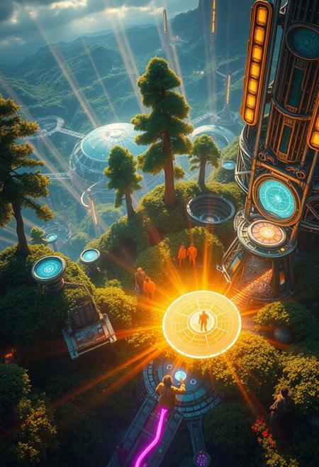 Subject: A breathtaking scene showcasing evolved beings with glowing auras emerging in a vibrant, nascent world.
Details: The beings interact harmoniously with their environment, surrounded by lush, verdant landscapes and futuristic architecture. Towering trees and sleek metallic structures coalesce, symbolizing the fusion of nature and advanced technology.
Environment / Background: A kaleidoscope of colors radiates across the lush, evolving world, with greenery and futuristic elements integrated seamlessly.
Lighting: Soft, golden light bathes the scene, casting a warm and ethereal glow that highlights the beings, their glowing auras, and the harmonious balance of natural and technological elements.
Style: Photorealistic with intricate details, blending futuristic and organic aesthetics in a visually stunning composition.
Mood / Atmosphere: Awe-inspiring, vibrant, and hopeful, evoking themes of rebirth, evolution, and the unity of nature and technology.
Camera Angle: Overhead shot, providing a sweeping view of the landscape and emphasizing the kaleidoscopic radiance and intricate interactions below.
Quality & Resolution: Ultra-high resolution with sharp focus on both the beings and their surroundings, ensuring clarity in textures and vibrant colors.
Other Specifics: Ensure the energy of rebirth is palpable, with a dynamic interplay of glowing beings, towering trees, and sleek architecture, all unified in a balanced, otherworldly composition.