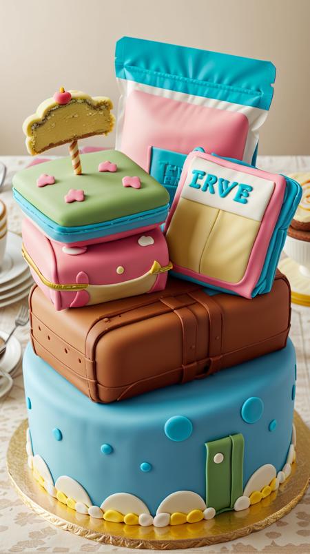 CakeStyle Travel pouches. Marzipan cake shaped like Travel pouches. <lora:CakeStyle:0.55>