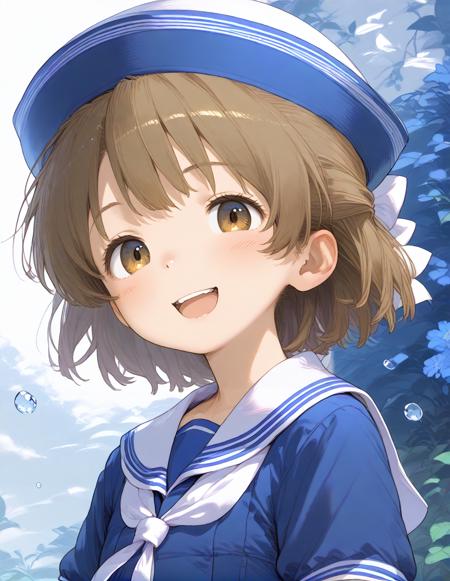 okazaki_ushio,brown hair,white sailor collar,blue sailor dress,sailor hat,white bow,white neckerchief,flat chest