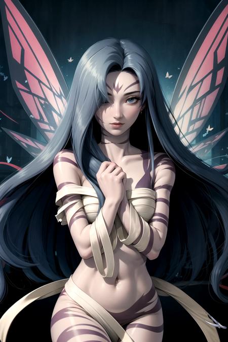 <lora:RtPL-Ursula-09:1.0> ursula_(riviera), long_hair, bandages, sarashi, very_long_hair, hair_over_one_eye, butterfly_wings, cowboy_shot,, beautiful, (masterpiece:1.2), (best quality:1.2), perfect eyes, perfect face,<lora:perfectfingers:1.0>