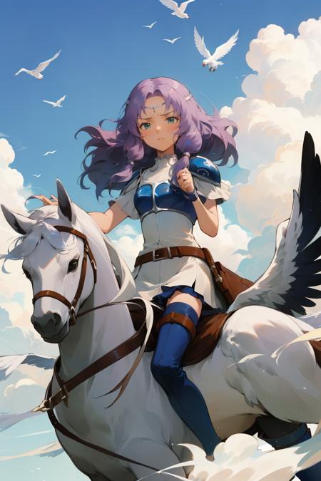 masterpiece, best quality, florina, circlet, armor, white dress, belt, thigh boots, riding a pegasus, flying, sky, clouds, furrowed brow, wide shot, from a distance <lora:florina-nvwls-v1-000012:0.9>