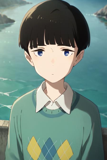 noppo,black hair, blue eyes, bangs,short hair, sweater vest,collared shirt shoes,socks Plant,flower,