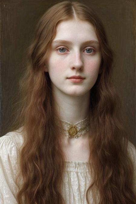 Pre-Raphaelite portrait of a tall pretty 18 yo russians goddess, (oblong face, perfect nose, long neck, skinny), pale skin, smile, detailed skin texture,