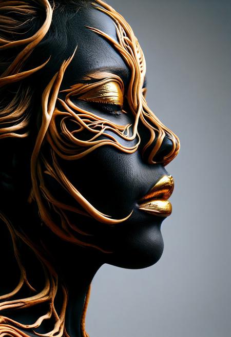 PG-TR,(film grain),ultrarealistic 4k,photoart_style, vivid, minimalist, beautiful black face, golden make-up,side view profile,realistic, Wide angle lens, high contrast, dark black tone,Cinematic Lighting, movie-level texture, hand-painted details, epic, meticulous,perfect composition, dynamic play of light, rich colors, epic shot, perfectly quality, natural textures,high detail, photoshadow, (natural colors, correct white balance, color correction, dehaze),(intricate detailed), YurYuna
