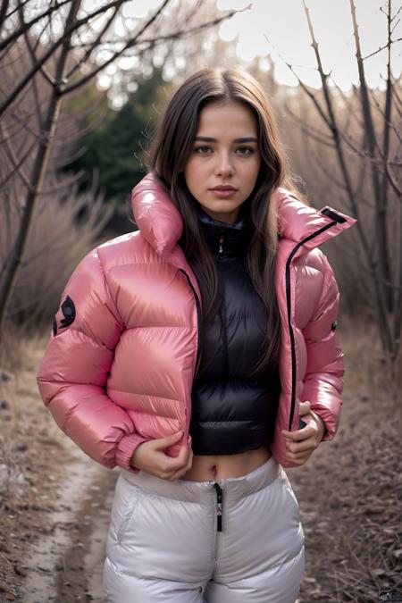 Stunning portrait of an sweet, cute, slim, long haired, young European woman. she is outside in a wood, it is a hot summer day. she wear an shiny, completely enclosureable, (neon hot pink,cropped puffer down jacket,by parkasite:1.3), ((very high yoked)). tempting, high detail, realistic, realistic character design, inspiring, intense emotion,  masterpiece, 8k, RAW photo, portrait, best quality, ultra high res, photorealistic, cinematic lightning, digital painting, storytelling, high resolution, depth of field, lens flare,   <lora:Parkasite_v2-000010:0.7>  <lora:hairdetailer:0.3>