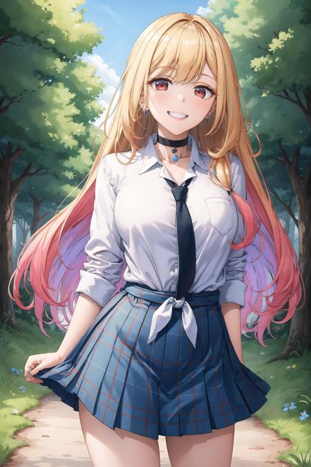 masterpiece, best quality, highres, kitagawa marin, 1girl, blonde hair, long hair, multicolored hair, red eyes, jewelry, earrings, piercing, school uniform, white shirt, tied shirt, black choker, blue necktie, plaid skirt, <lora:kitagawa_marin_v1-1:0.7>, grin, smile, standing, cowboy shot, outdoors,     <lora:xFate-Style-000170:1>