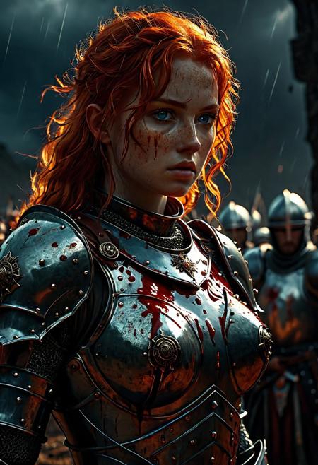 A beautiful Warrior girl with wavy red hair Standing on the a bloody battlefield. Her iron armor are intricately detailed and reflecting flickering light, Dark fantasy style, The light of dark fantasy battle illuminates her determined expression as she prepares to face the enemy, Close up. Dark fantasy style,  Standing on a battlefield at the head of an army of knights, where a bloody slaughter is taking place, (standing in a vigorous pose: 1.5), (direct eye contact: 1.3), whole athletic body, cinematic lightning, intricately detailed iron armor, The scene is reminiscent of a Greg Rutkowski concept art piece, realstic blue eyes, realistic freckled pale face covered in blood, with dramatic lighting and a dark, curvy, looking at viewer, gritty atmosphere, Ultra-detailed, Raytracing reflections, High contrast, beautiful Warrior girl, beautiful firm body, girl athletic figure, (very pale freckled face: 1.3), oranges, and greens, attractive 21 years old woman, cinematic lightning, Cinematic film still, Medium shot. Best quality, Masterpiece, The scene is reminiscent of a Greg Rutkowski concept art piece, realistic pale face covered in blood, with dramatic lighting and a dark, gritty atmosphere, asymmetrical balance, adding to the intense and dynamic atmosphere of the scene